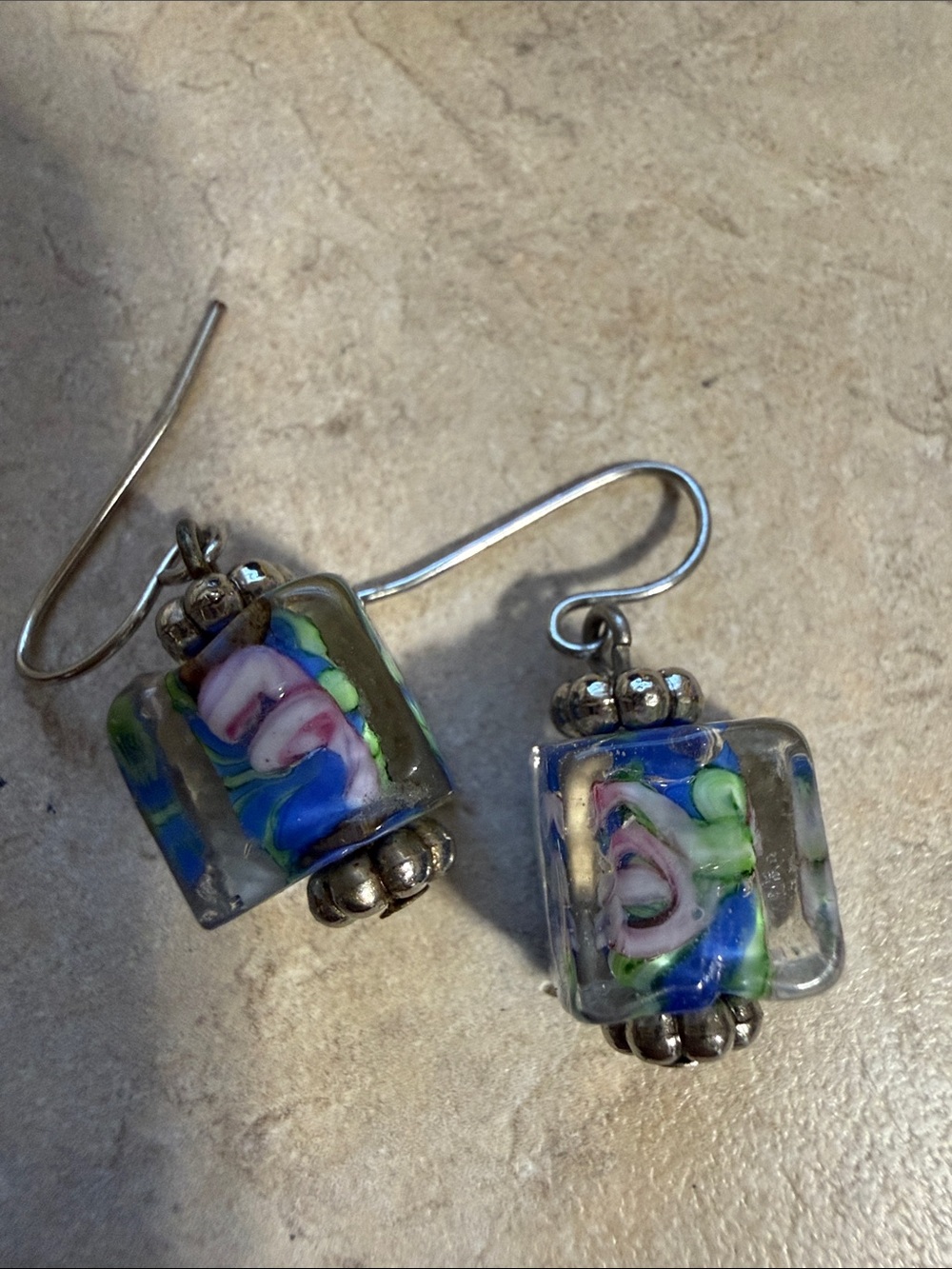 Multicolor Glass Cube Flower Drop Earrings - Blue, Pink & Green